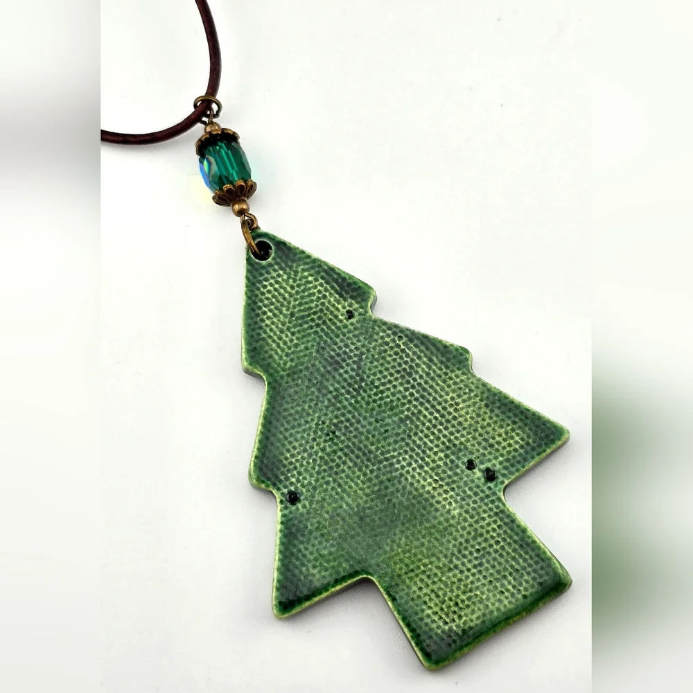 Handmade Kiln Fired Ceramic Christmas Tree Beaded Ornament with Leather Rope